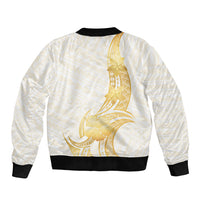 Polynesia White Sunday Sleeve Zip Bomber Jacket Polynesian Tattoo Plumeria Hibiscus Gold
