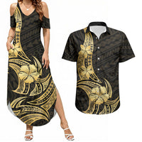 Gold Black Polynesia Hibiscus Plumeria Tattoo Couples Matching Summer Maxi Dress and Hawaiian Shirt