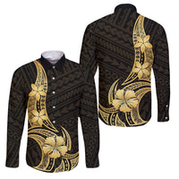 Gold Black Polynesia Hibiscus Plumeria Tattoo Family Matching Long Sleeve Bodycon Dress and Hawaiian Shirt