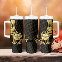 Gold Black Polynesia Hibiscus Plumeria Tattoo Tumbler With Handle