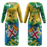 Malampa Fiji Day Couples Matching Long Sleeve Bodycon Dress and Long Sleeve Button Shirt 10 October Together We Grow Grunge Tapa Motifs