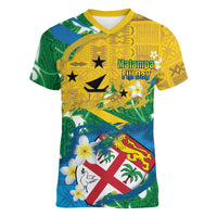 Malampa Fiji Day Women V-Neck T-Shirt 10 October Together We Grow Grunge Tapa Motifs