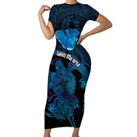 Personalised Tahiti Moorea Atoll Short Sleeve Bodycon Dress Polynesian Sea Turtle LT14 Long Dress Blue - Polynesian Pride