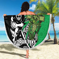 New Zealand and Ireland Rugby Custom Beach Blanket Maori Tiki Fern Irish Celtic Cross - Polynesian Pride