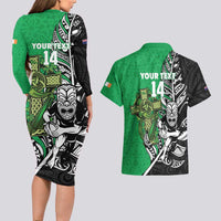 New Zealand and Ireland Rugby Custom Couples Matching Long Sleeve Bodycon Dress and Hawaiian Shirt Maori Tiki Fern Irish Celtic Cross - Polynesian Pride