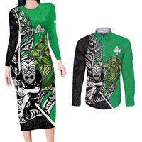 New Zealand and Ireland Rugby Custom Couples Matching Long Sleeve Bodycon Dress and Long Sleeve Button Shirt Maori Tiki Fern Irish Celtic Cross - Polynesian Pride