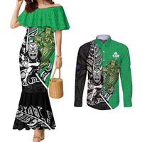 New Zealand and Ireland Rugby Custom Couples Matching Mermaid Dress and Long Sleeve Button Shirt Maori Tiki Fern Irish Celtic Cross - Polynesian Pride