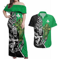 New Zealand and Ireland Rugby Custom Couples Matching Off Shoulder Maxi Dress and Hawaiian Shirt Maori Tiki Fern Irish Celtic Cross - Polynesian Pride