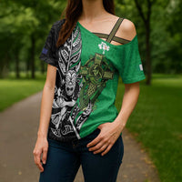 New Zealand and Ireland Rugby Custom Cross Shoulder Shirt Maori Tiki Fern Irish Celtic Cross - Polynesian Pride