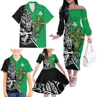 New Zealand and Ireland Rugby Custom Family Matching Off The Shoulder Long Sleeve Dress and Hawaiian Shirt Maori Tiki Fern Irish Celtic Cross - Polynesian Pride