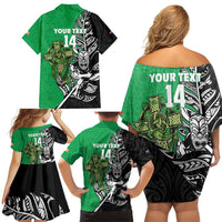 New Zealand and Ireland Rugby Custom Family Matching Off Shoulder Short Dress and Hawaiian Shirt Maori Tiki Fern Irish Celtic Cross - Polynesian Pride
