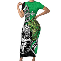 New Zealand and Ireland Rugby Custom Family Matching Short Sleeve Bodycon Dress and Hawaiian Shirt Maori Tiki Fern Irish Celtic Cross - Polynesian Pride