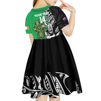 New Zealand and Ireland Rugby Custom Kid Short Sleeve Dress Maori Tiki Fern Irish Celtic Cross - Polynesian Pride