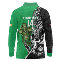 New Zealand and Ireland Rugby Custom Long Sleeve Polo Shirt Maori Tiki Fern Irish Celtic Cross - Polynesian Pride