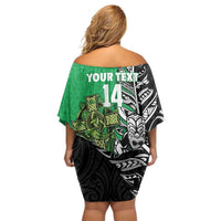 New Zealand and Ireland Rugby Custom Off Shoulder Short Dress Maori Tiki Fern Irish Celtic Cross - Polynesian Pride