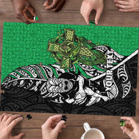 New Zealand and Ireland Rugby Custom Puzzle Maori Tiki Fern Irish Celtic Cross - Polynesian Pride