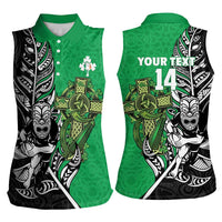New Zealand and Ireland Rugby Custom Women Sleeveless Polo Shirt Maori Tiki Fern Irish Celtic Cross - Polynesian Pride