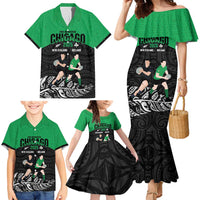 New Zealand and Ireland Rugby Custom Family Matching Mermaid Dress and Hawaiian Shirt Chicago 2025 Go All Black Shamrocks - Polynesian Pride