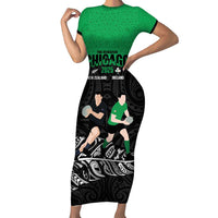 New Zealand and Ireland Rugby Custom Family Matching Short Sleeve Bodycon Dress and Hawaiian Shirt Chicago 2025 Go All Black Shamrocks - Polynesian Pride