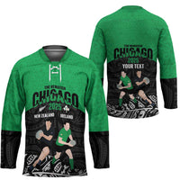 New Zealand and Ireland Rugby Custom Hockey Jersey Chicago 2025 Go All Black Shamrocks - Polynesian Pride