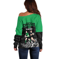 New Zealand and Ireland Rugby Custom Off Shoulder Sweater Chicago 2025 Go All Black Shamrocks - Polynesian Pride