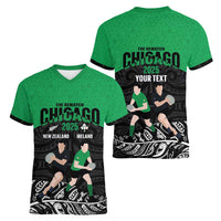 New Zealand and Ireland Rugby Custom Women V-Neck T-Shirt Chicago 2025 Go All Black Shamrocks - Polynesian Pride