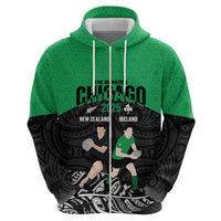 New Zealand and Ireland Rugby Custom Zip Hoodie Chicago 2025 Go All Black Shamrocks - Polynesian Pride