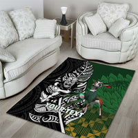 New Zealand and South Africa Rugby Custom Area Rug Maori Tiki Fern Springboks Kente Pattern - Polynesian Pride
