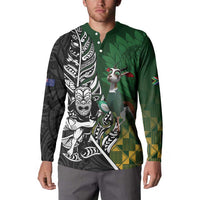 New Zealand and South Africa Rugby Custom Button Sweatshirt Maori Tiki Fern Springboks Kente Pattern - Polynesian Pride