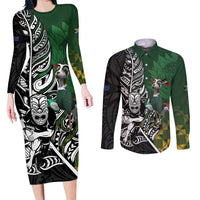New Zealand and South Africa Rugby Custom Couples Matching Long Sleeve Bodycon Dress and Long Sleeve Button Shirt Maori Tiki Fern Springboks Kente Pattern - Polynesian Pride