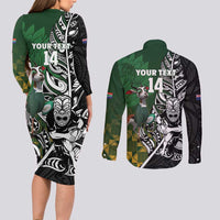 New Zealand and South Africa Rugby Custom Couples Matching Long Sleeve Bodycon Dress and Long Sleeve Button Shirt Maori Tiki Fern Springboks Kente Pattern - Polynesian Pride