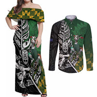 New Zealand and South Africa Rugby Custom Couples Matching Off Shoulder Maxi Dress and Long Sleeve Button Shirt Maori Tiki Fern Springboks Kente Pattern - Polynesian Pride