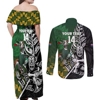 New Zealand and South Africa Rugby Custom Couples Matching Off Shoulder Maxi Dress and Long Sleeve Button Shirt Maori Tiki Fern Springboks Kente Pattern - Polynesian Pride