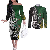New Zealand and South Africa Rugby Custom Couples Matching Off The Shoulder Long Sleeve Dress and Long Sleeve Button Shirt Maori Tiki Fern Springboks Kente Pattern - Polynesian Pride