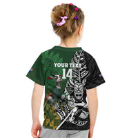 New Zealand and South Africa Rugby Custom Kid T Shirt Maori Tiki Fern Springboks Kente Pattern - Polynesian Pride