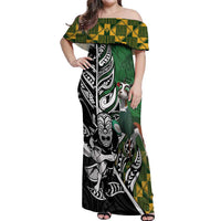 New Zealand and South Africa Rugby Custom Off Shoulder Maxi Dress Maori Tiki Fern Springboks Kente Pattern - Polynesian Pride