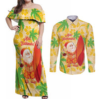 Aloha Hawaii Christmas Couples Matching Off Shoulder Maxi Dress and Long Sleeve Button Shirt Mele Kalikimaka Funny Santa Palaka Quilt Motifs - Polynesian Pride