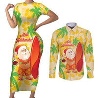 Aloha Hawaii Christmas Couples Matching Short Sleeve Bodycon Dress and Long Sleeve Button Shirt Mele Kalikimaka Funny Santa Palaka Quilt Motifs - Polynesian Pride