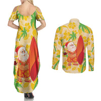Aloha Hawaii Christmas Couples Matching Summer Maxi Dress and Long Sleeve Button Shirt Mele Kalikimaka Funny Santa Palaka Quilt Motifs - Polynesian Pride