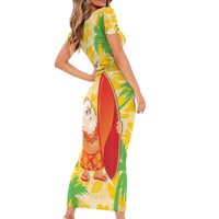 Aloha Hawaii Christmas Short Sleeve Bodycon Dress Mele Kalikimaka Funny Santa Palaka Quilt Motifs - Polynesian Pride