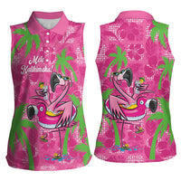 Aloha Hawaii Christmas Women Sleeveless Polo Shirt Mele Kalikimaka Chill Flamingo Palaka Quilt Motifs - Polynesian Pride