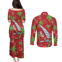Aloha Hawaii Christmas Couples Matching Puletasi and Long Sleeve Button Shirt Mele Kalikimaka Windsurfing Santa Palaka Quilt Motifs - Polynesian Pride
