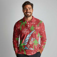 Aloha Hawaii Christmas Long Sleeve Polo Shirt Mele Kalikimaka Windsurfing Santa Palaka Quilt Motifs - Polynesian Pride