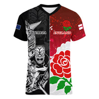 New Zealand And England Rugby Women V Neck T Shirt 2023 World Cup All Black Combine Red Roses LT14 Female Black - Polynesian Pride