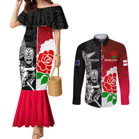 Custom New Zealand And England Rugby Couples Matching Mermaid Dress and Long Sleeve Button Shirt 2023 World Cup All Black Combine Red Roses LT14