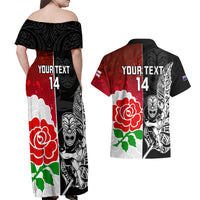 Custom New Zealand And England Rugby Couples Matching Off Shoulder Maxi Dress and Hawaiian Shirt 2023 World Cup All Black Combine Red Roses LT14 - Polynesian Pride