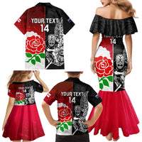 Custom New Zealand And England Rugby Family Matching Mermaid Dress and Hawaiian Shirt 2023 World Cup All Black Combine Red Roses LT14 - Polynesian Pride