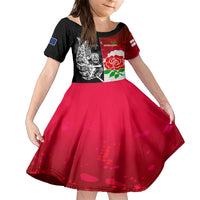 Custom New Zealand And England Rugby Family Matching Short Sleeve Bodycon Dress and Hawaiian Shirt 2023 World Cup All Black Combine Red Roses LT14 Daughter's Dress Black - Polynesian Pride
