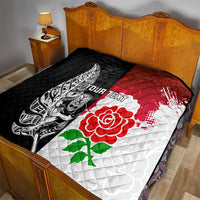 Custom New Zealand And England Rugby Quilt 2023 World Cup All Black Combine Red Roses LT14 - Polynesian Pride