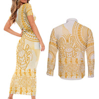 Niue Language Week Couples Matching Short Sleeve Bodycon Dress and Long Sleeve Button Shirt The Rock Coconut Crab - Siapo Gold Pastel